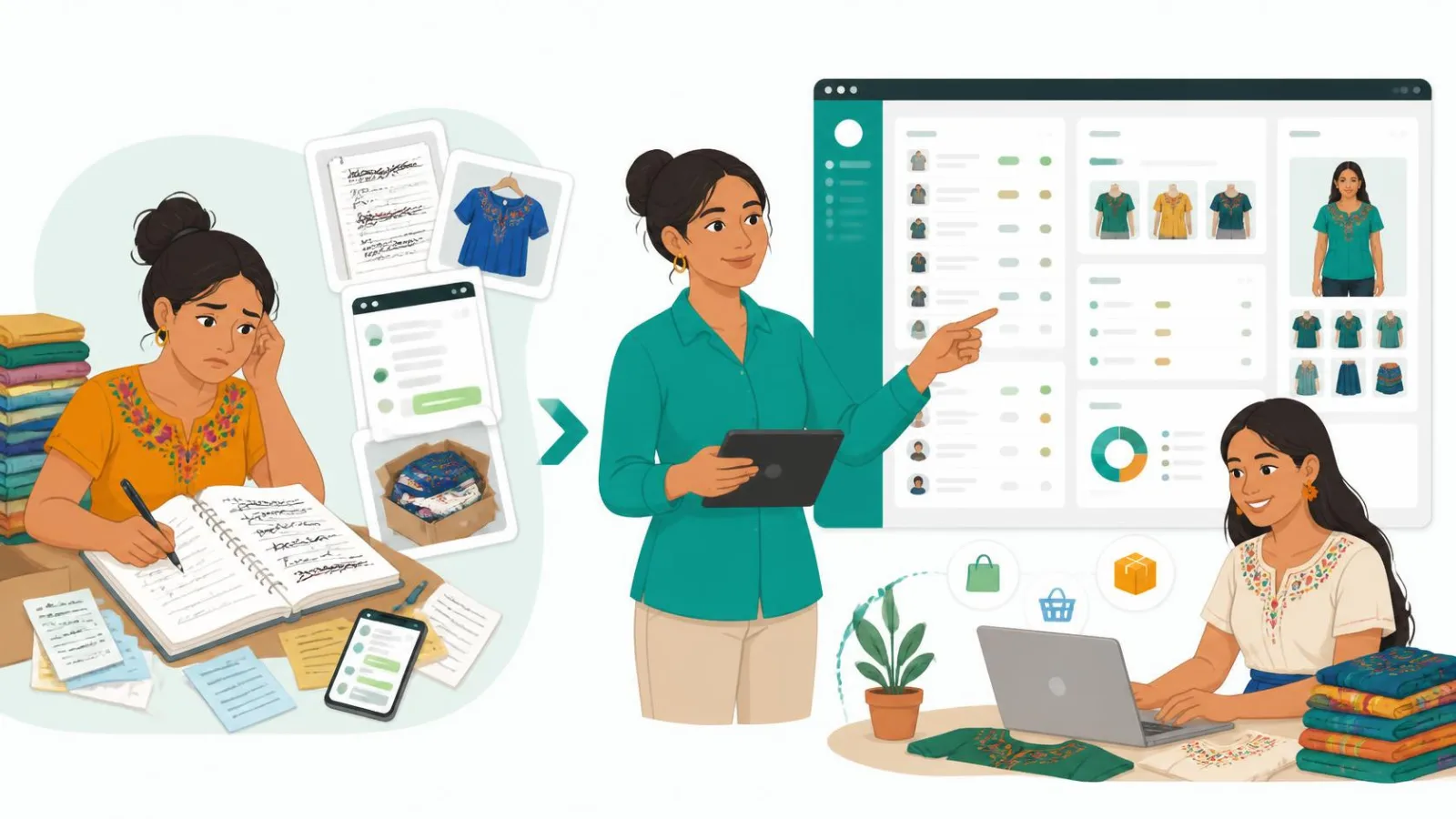Ilustración plana de una tienda de ropa centroamericana comparando un cuaderno lleno de pedidos con una pantalla organizada de pedidos y productos
