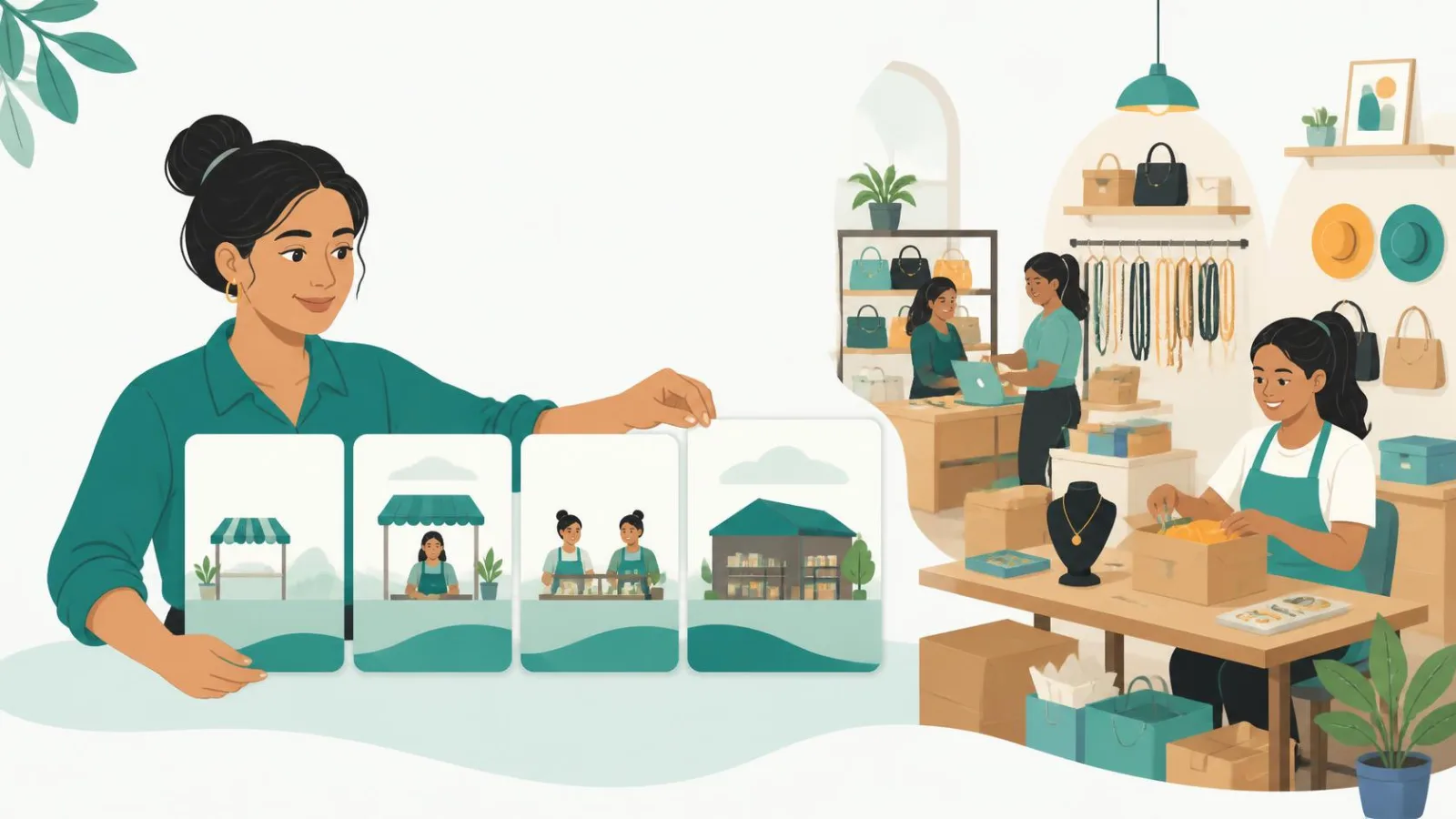 Ilustración plana de Andrea colocando tarjetas visuales de los planes Gratis, Básico, Emprende y Pro junto a una tienda de accesorios con diferentes necesidades