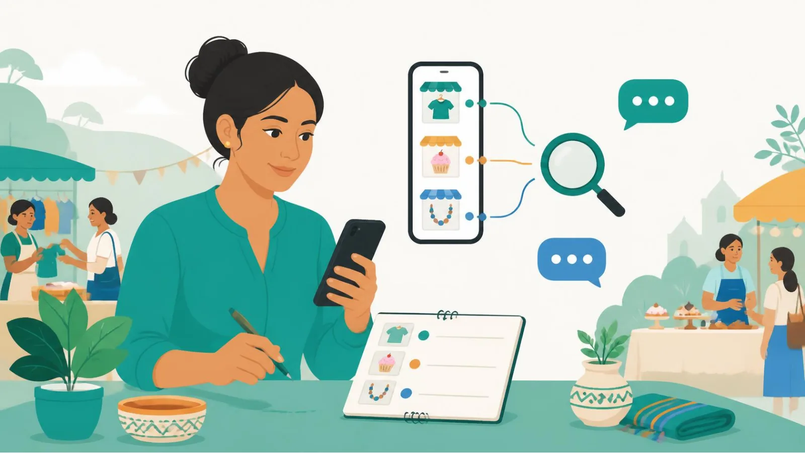 Ilustración plana de Andrea revisando una lista de pequeñas tiendas, reposterías y emprendimientos de accesorios en su celular y una libreta