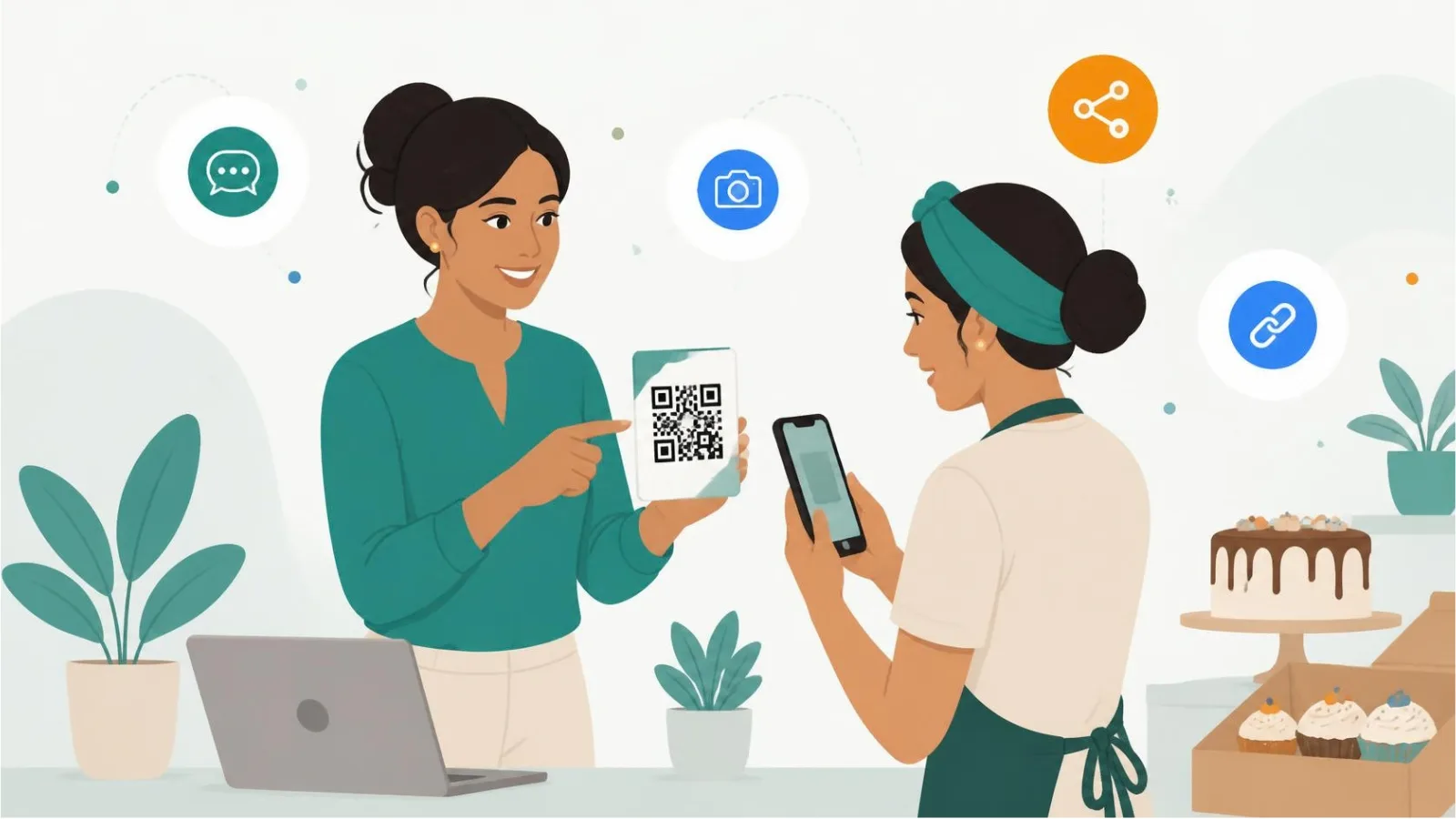Ilustración plana de Andrea mostrando un código QR en una tarjeta mientras una dueña de repostería lo escanea con su celular